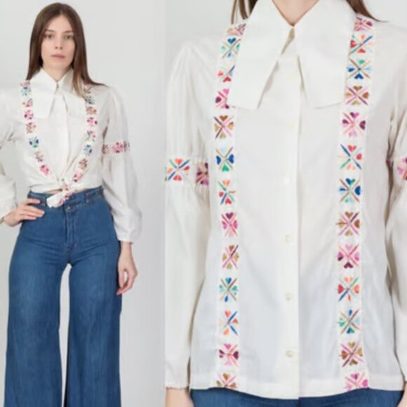 70s Boho Embroidered Puff Sleeve Peasant Blouse Vintage Button Up Dog Ear top - Picture 1 of 9